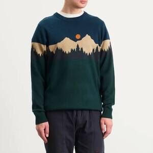 Kavu Crewneck Sweater in Dark Green, Navy & Tan with Orange Accent